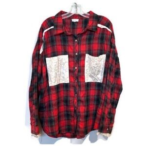 POL Button Front Lightweight Flannel Red and Black Plaid Shirt Size M